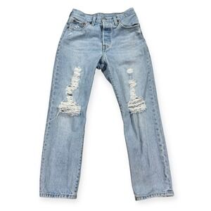 Levi's 501 Jeans Women's 25x26 Light Wash Premium Big E Button Fly‎ Distressed